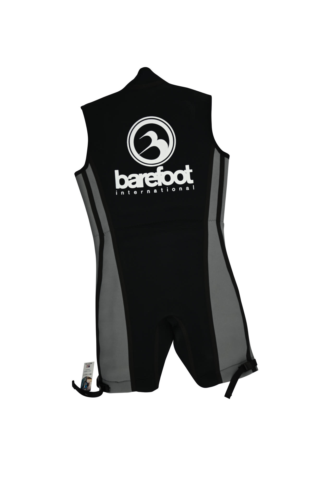 Back view of the Juniors Iron Sleeveless Wetsuit, featuring a large white logo and gray side panels.