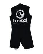 Back view of the Iron Sleeveless black wetsuit featuring a large white Barefoot International logo across the upper back.