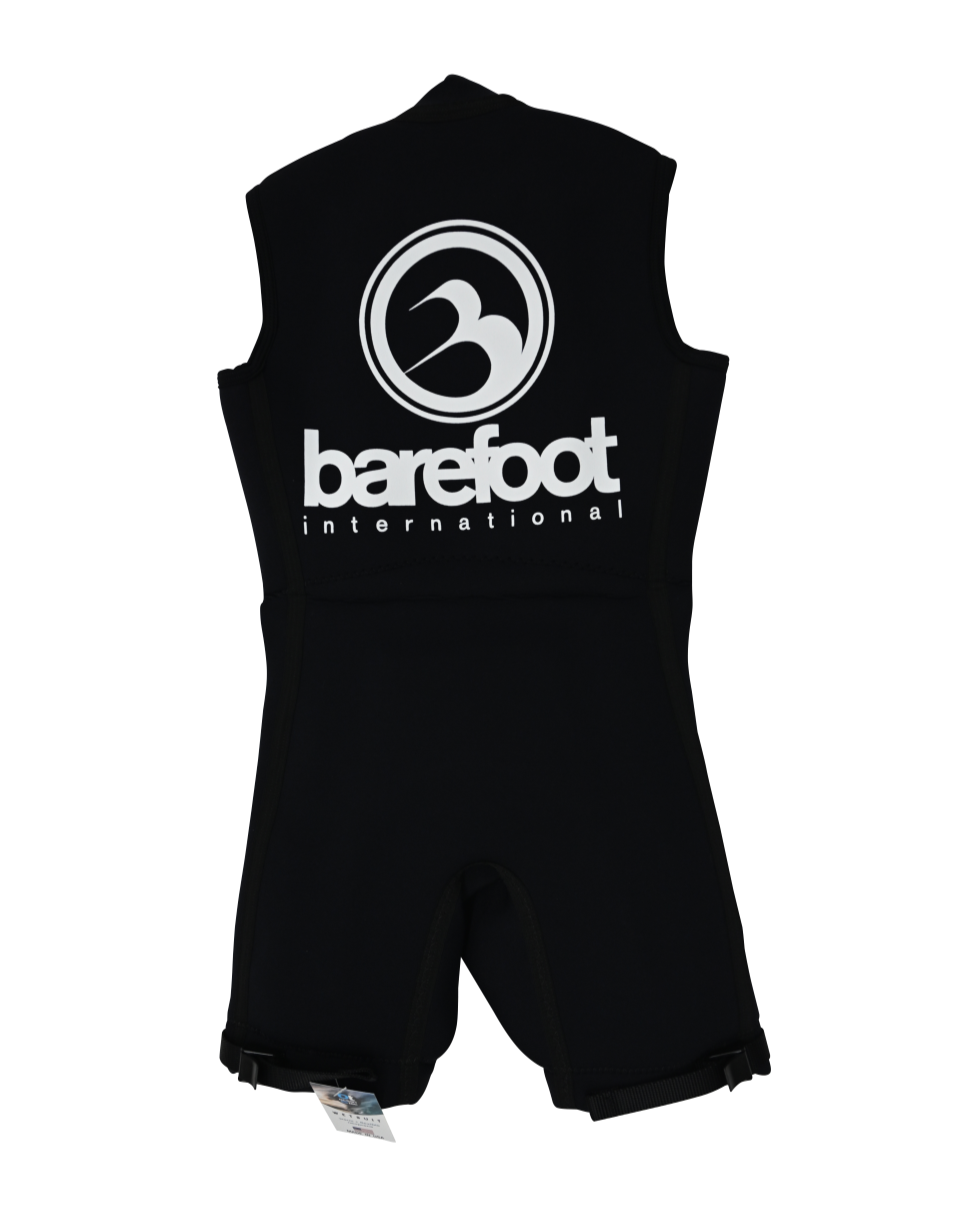 Back view of the Iron Sleeveless black wetsuit featuring a large white Barefoot International logo across the upper back.