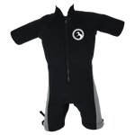 Front view of the Iron Short Sleeve Wetsuit, a black wetsuit with gray side panels, short sleeves, and a front zipper.