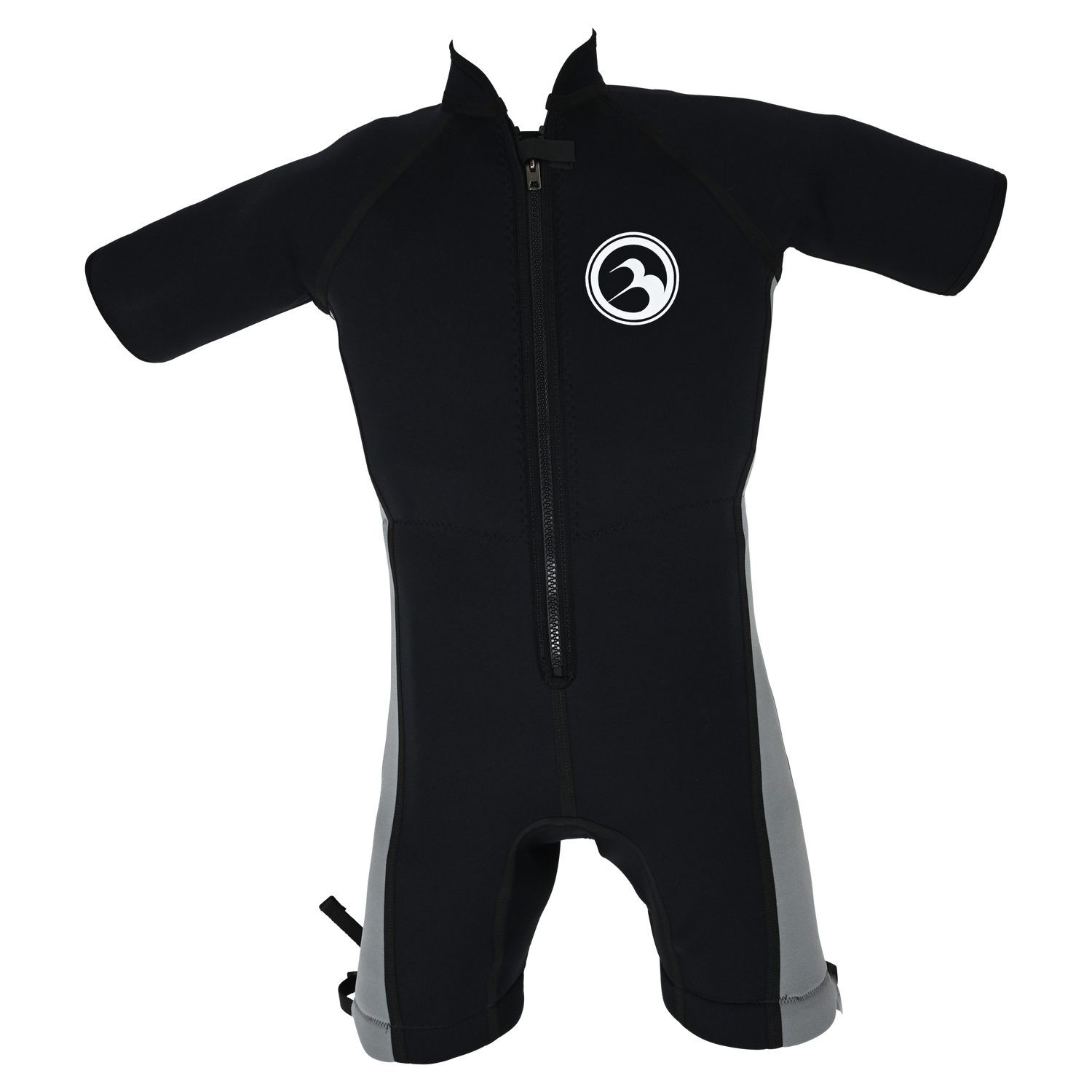 Front view of the Iron Short Sleeve Wetsuit, a black wetsuit with gray side panels, short sleeves, and a front zipper.