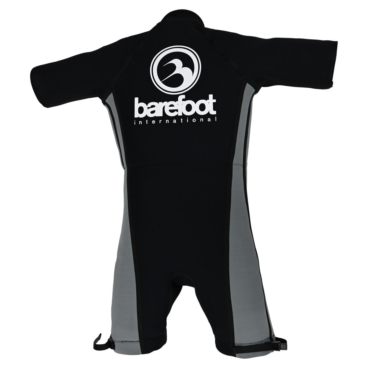 Back view of the Iron Short Sleeve Wetsuit, featuring a large white logo on the upper back and gray side panels.