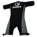 Angled view of the Iron Short Sleeve Wetsuit laid flat, showing black and gray panels with branding on the back.