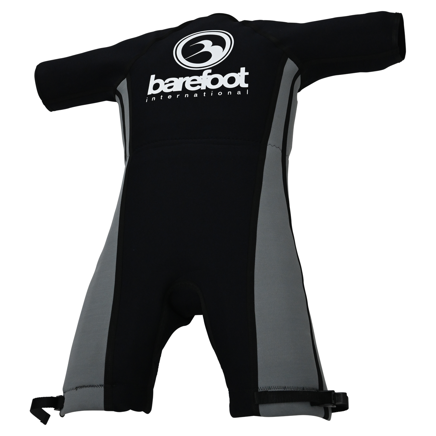 Angled view of the Iron Short Sleeve Wetsuit laid flat, showing black and gray panels with branding on the back.