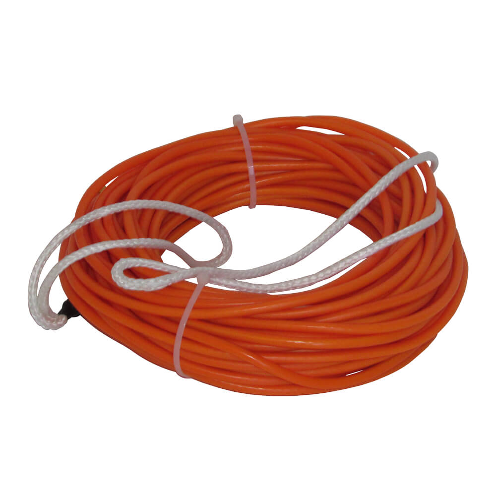 Coiled 70-foot orange Spectra rope with a smooth PVC coating and a white braided looped handle.