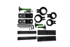 Top view of Tower Boom set with black and silver boom poles, clamps, green pins, and rubber strips.